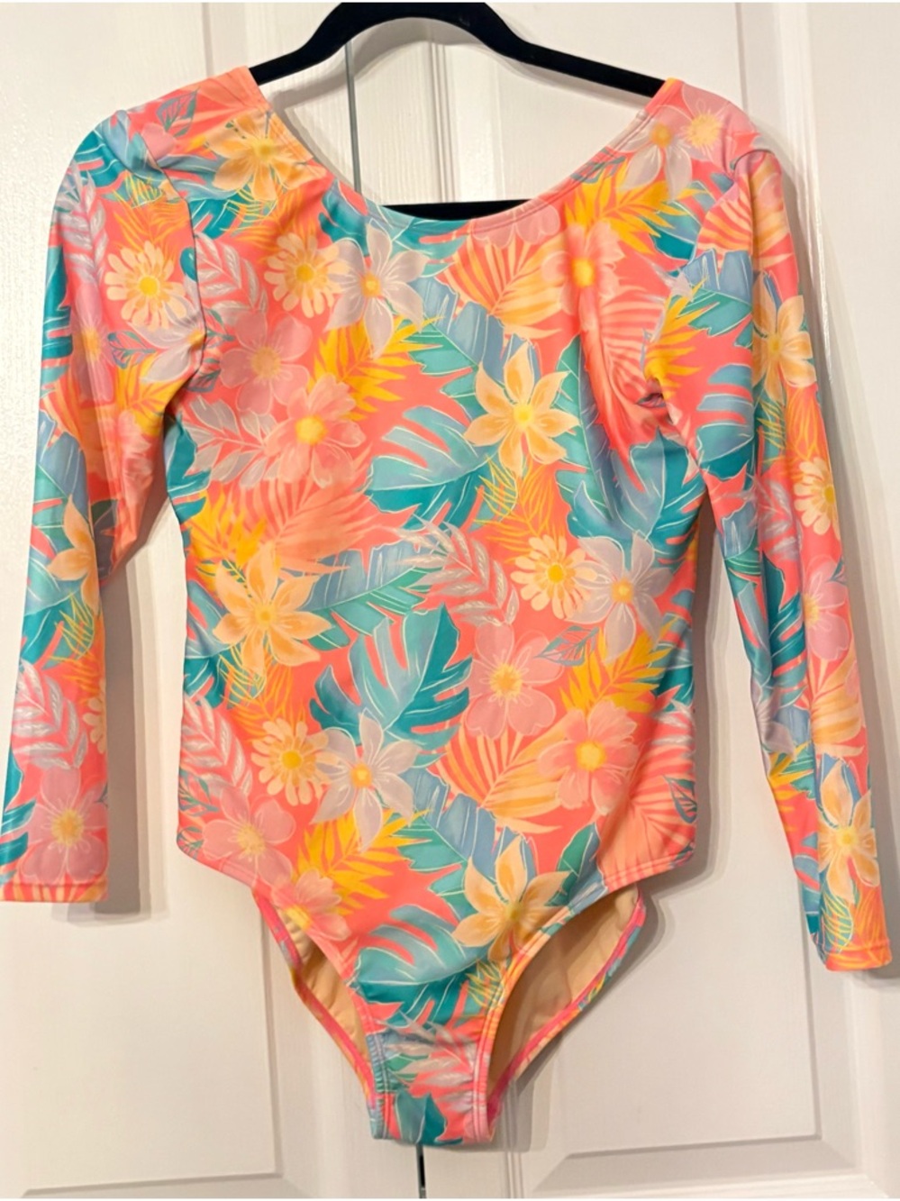 Cat & Jack Girls' Pink Coral Floral Long-Sleeve One-Piece Swimsuit, size 14